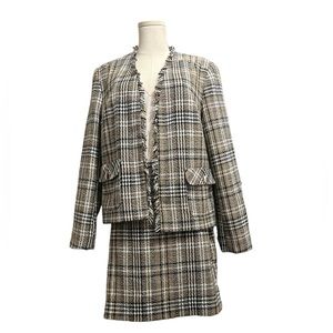 Suzy Shier Black & Tan Plaid Frayed Tweed Skirt Suit w/ Pockets Size XL